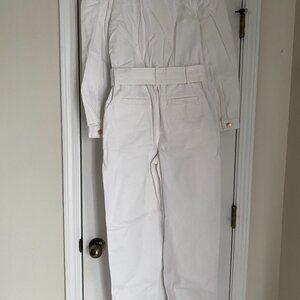 Puff Sleeve Tie Waist Medium Wash Denim Jumpsuit